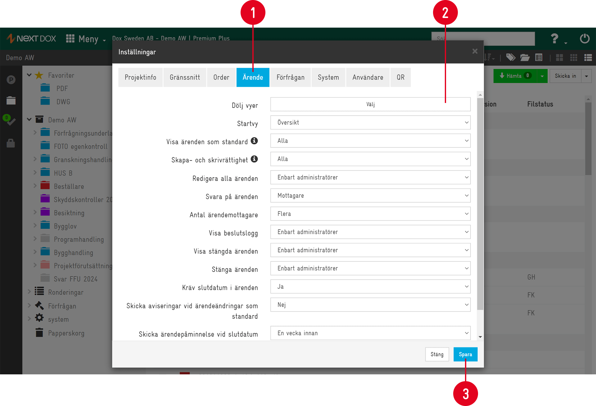 Settings dialog — Ärende (Case) tab in Next Dox