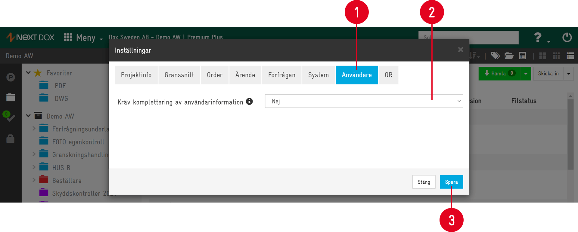 Next Dox Settings — Användare (User) tab