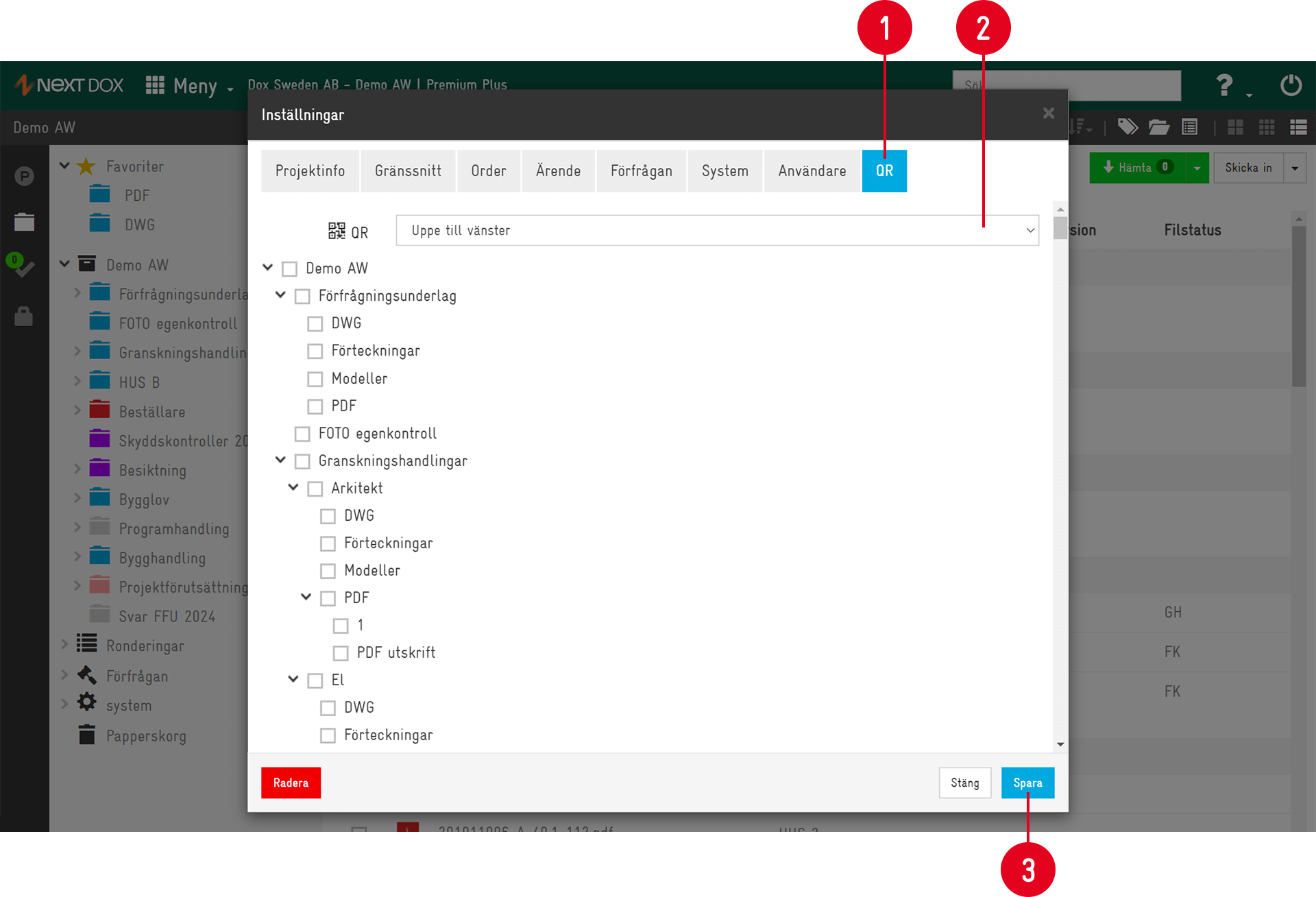 Settings dialog — QR tab with folder selection