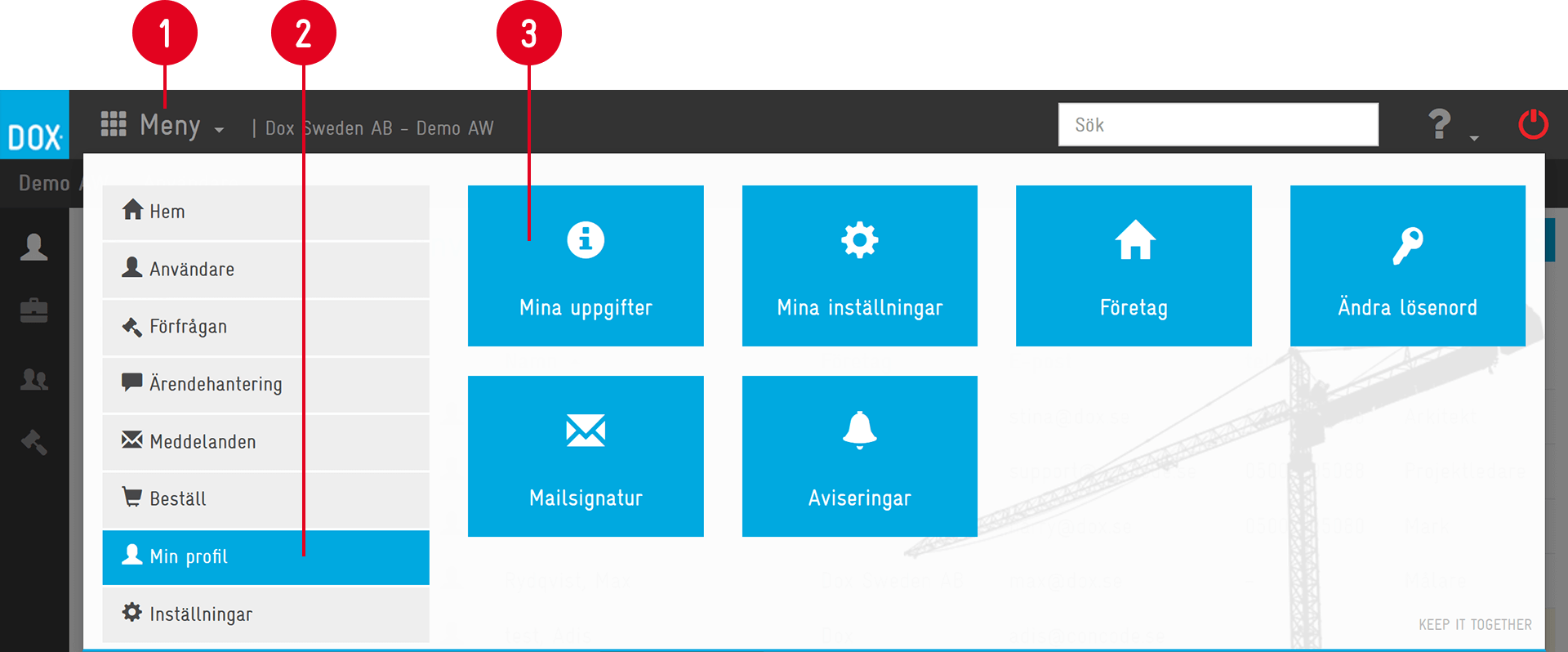 Aceve — Min profil menu with tile options
