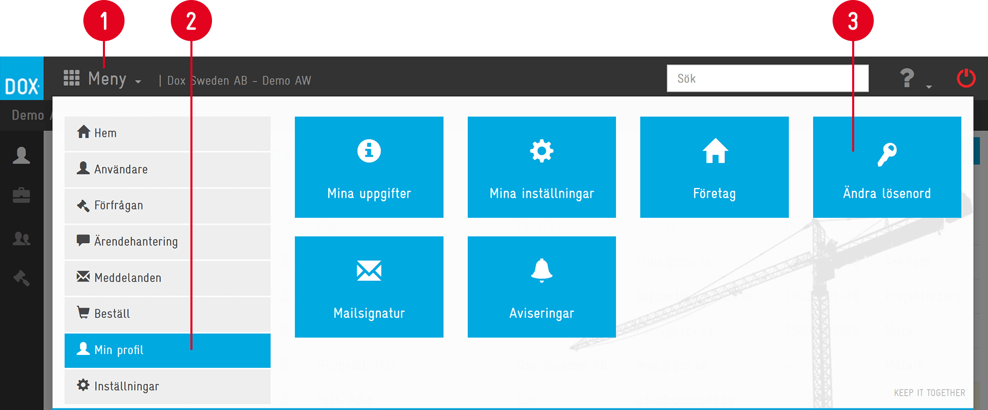 Aceve — Min profil menu with navigation callouts