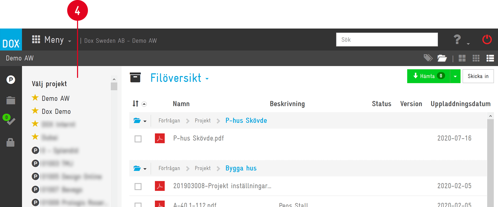 Filöversikt i DOX med projektlista och uppladdade filer
