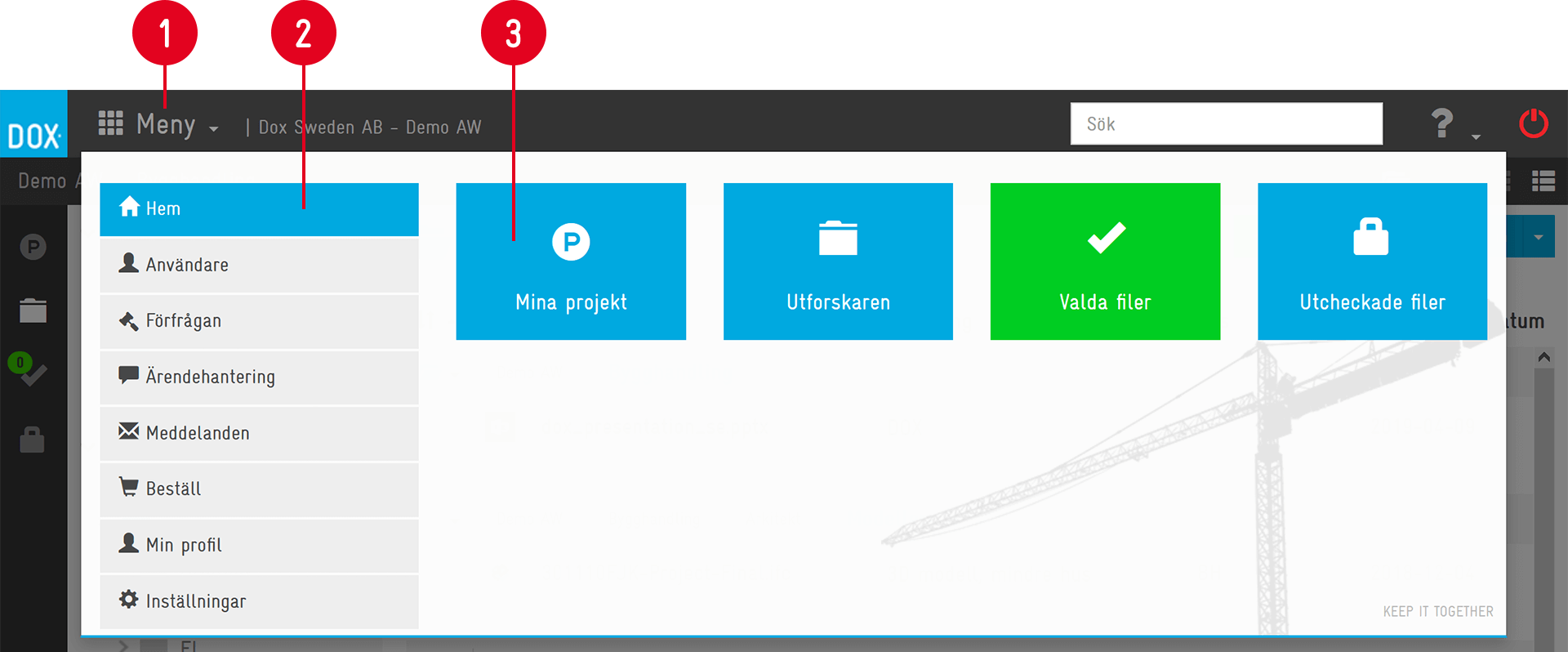 Aceve DOX — Home menu with navigation tiles