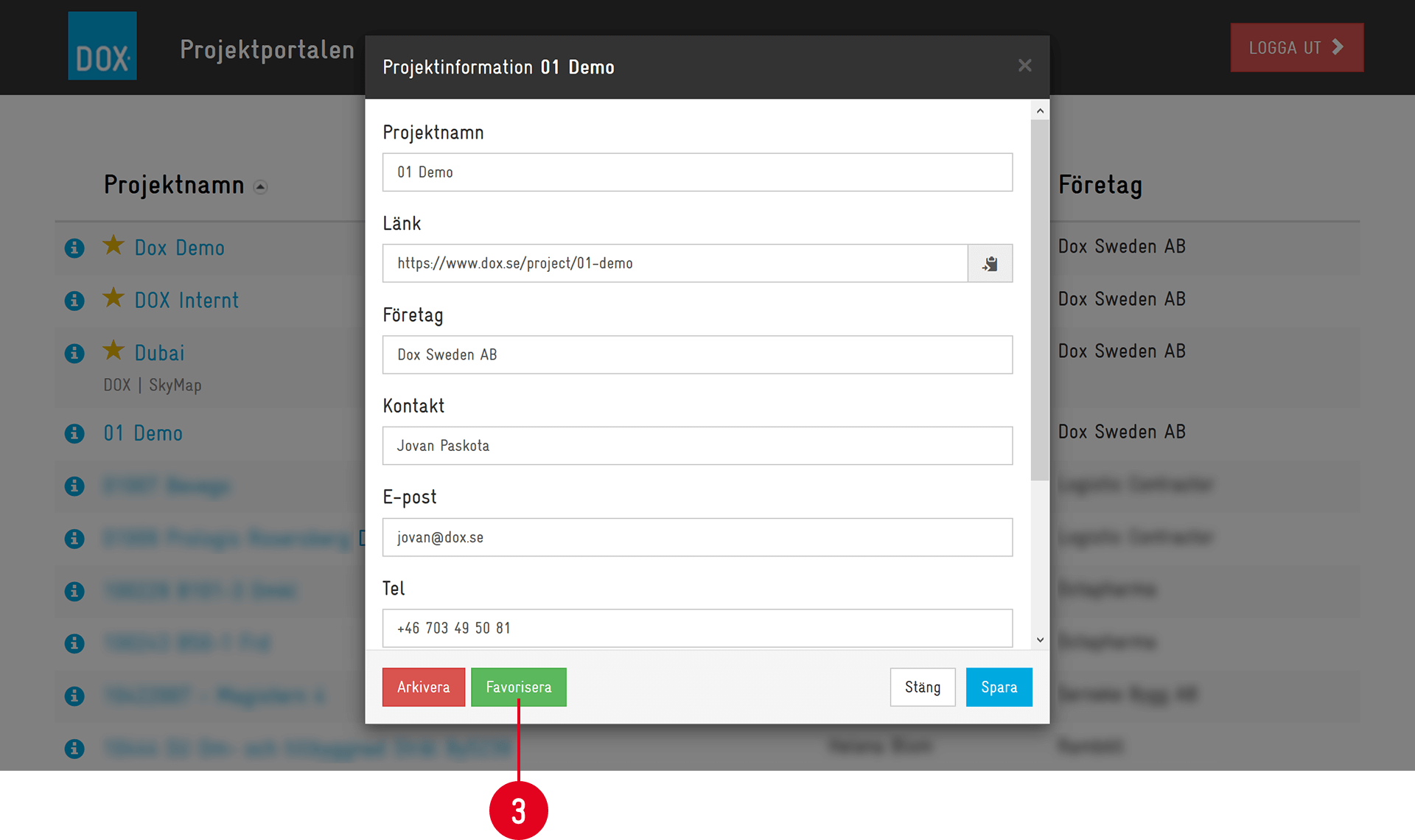 Projektportalen — Project Information dialog box