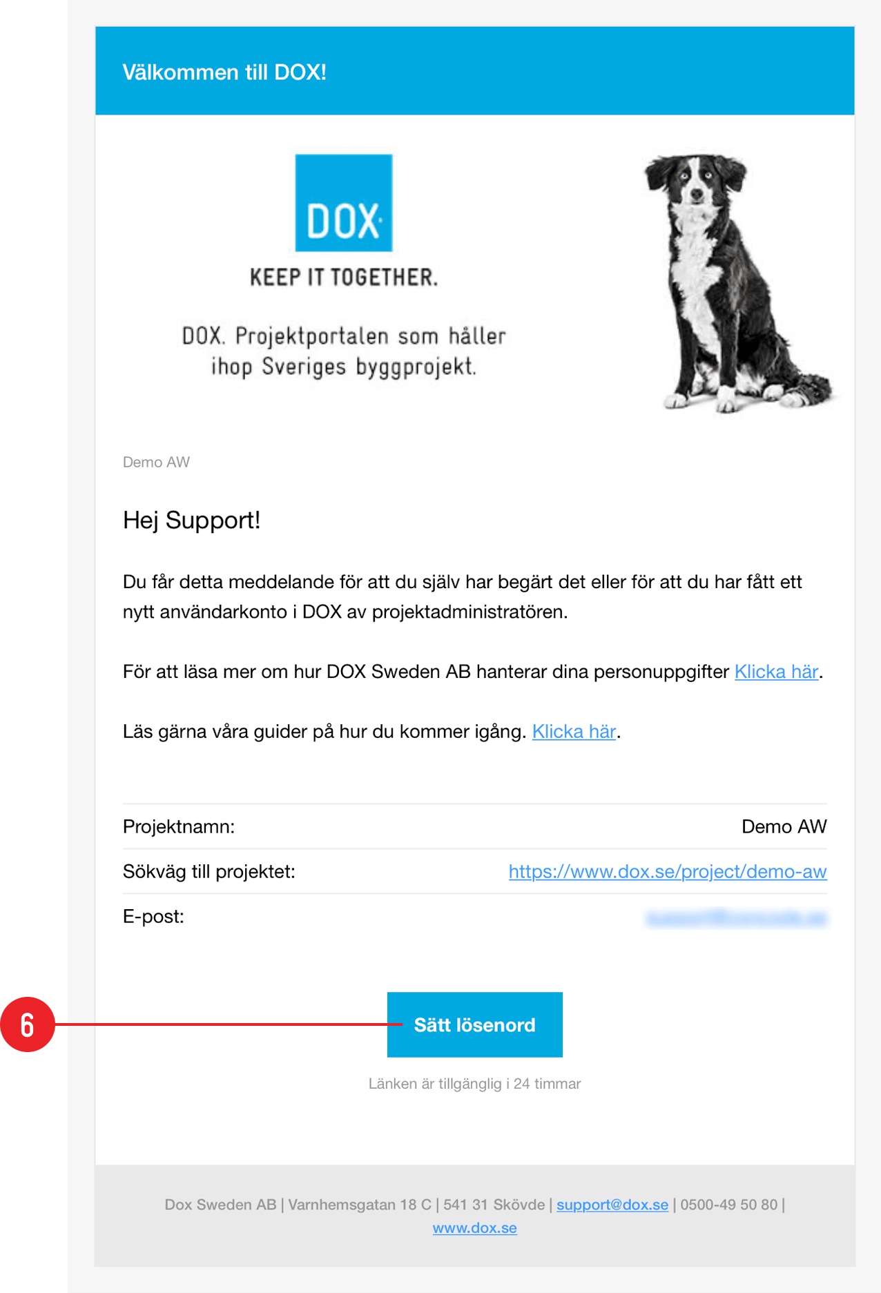 Välkomstmejl från DOX med knapp för att sätta lösenord