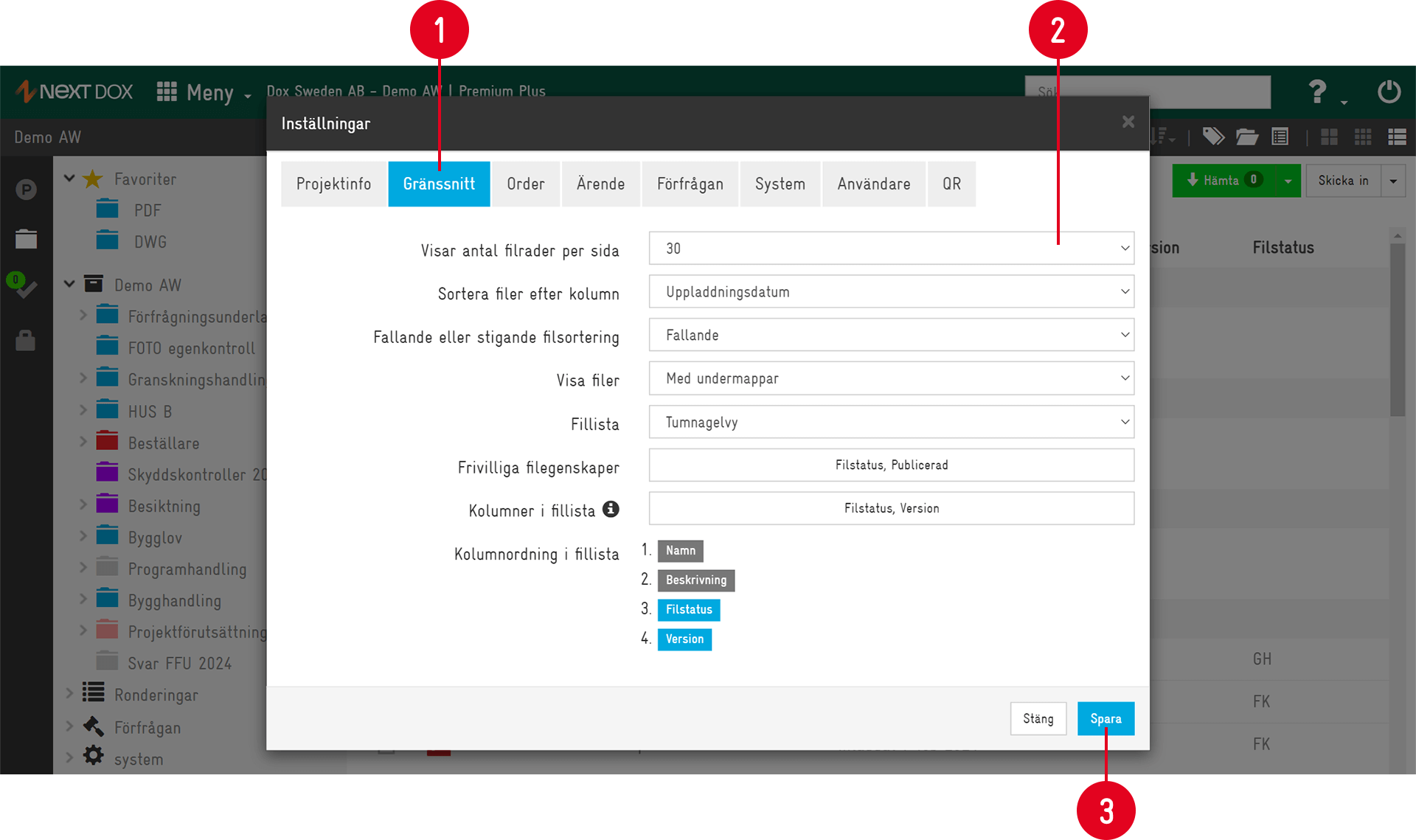 Inställningar — fliken Gränssnitt i Next Dox