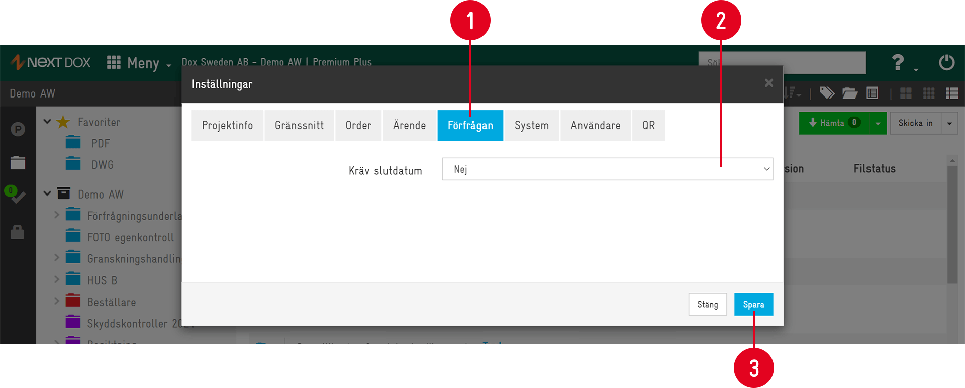 Settings dialog — Förfrågan tab in Next Dox