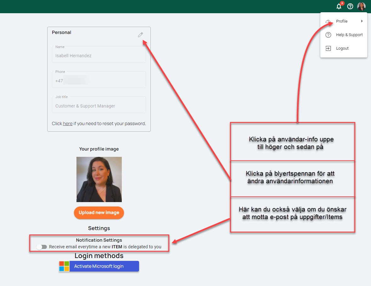 Profilsida — personuppgifter, profilbild och aviseringsinställningar
