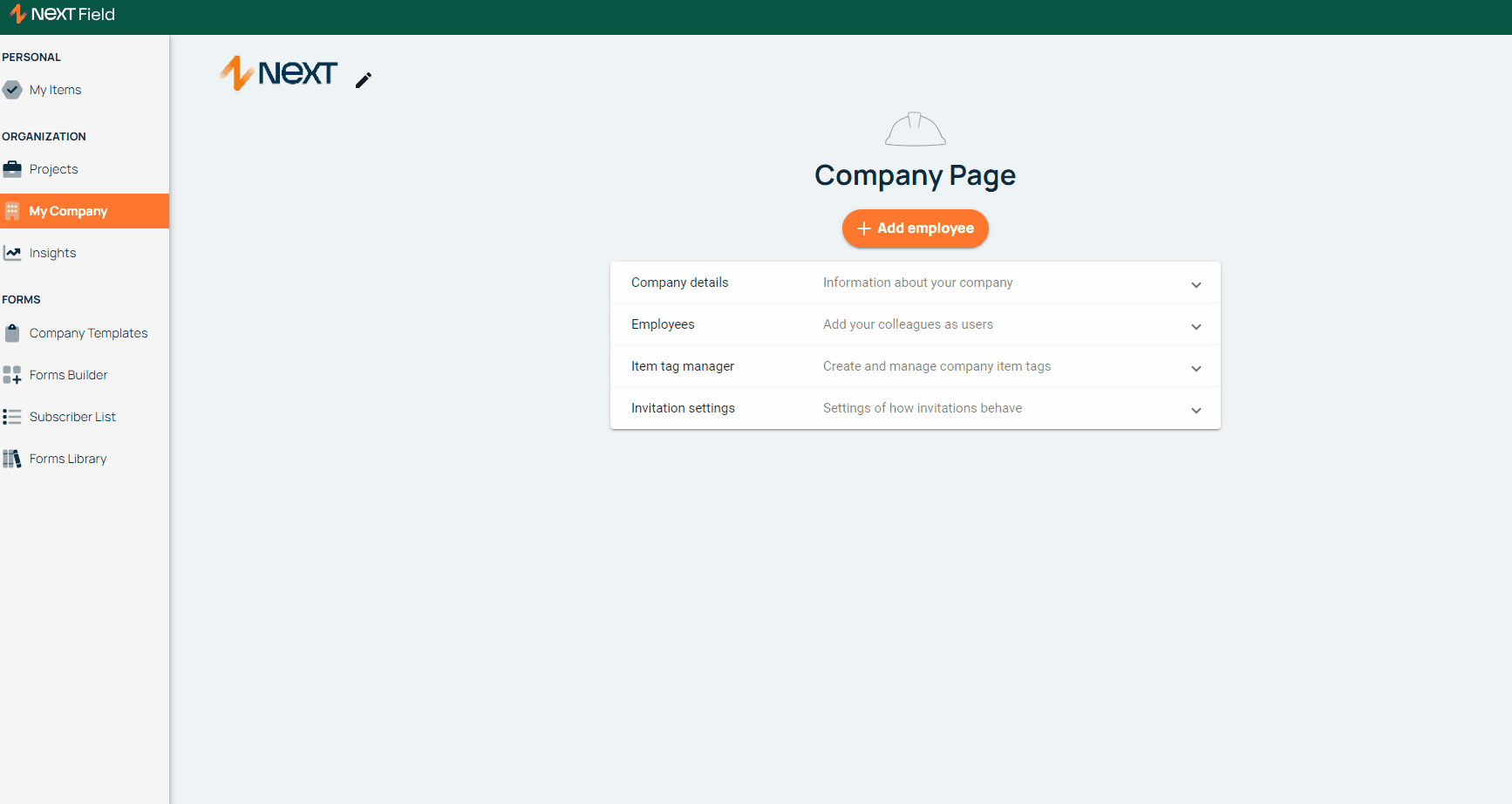 NEXT Field — Company Page med företagsinställningar och medarbetare