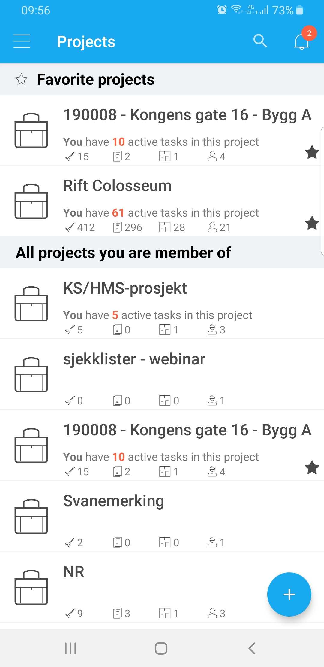 Prosjektliste — favoritter og alle prosjekter i mobilapp
