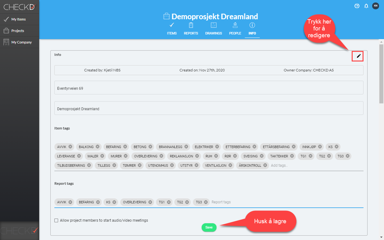Projektinformation — fliken Info med taggar och redigeringsknapp