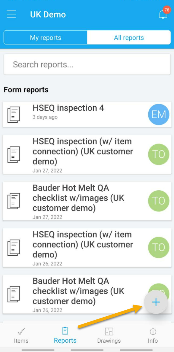 Mobilapp — rapportlista med formulärrapporter och lägg till-knapp