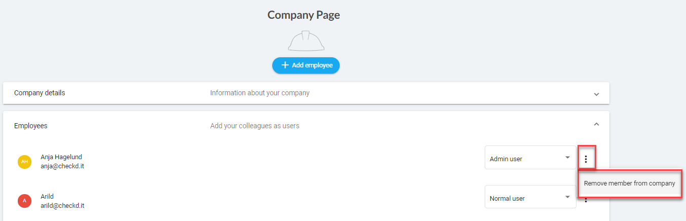 Company Page — ansattoversikt med alternativmeny åpen