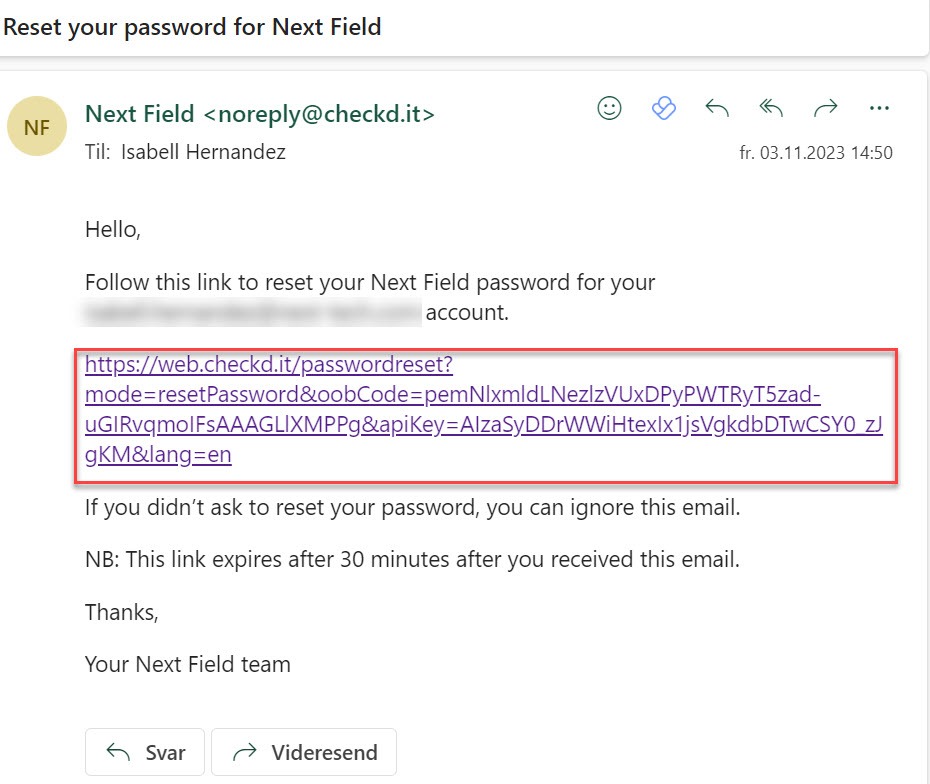 E-post för återställning av lösenord i Next Field