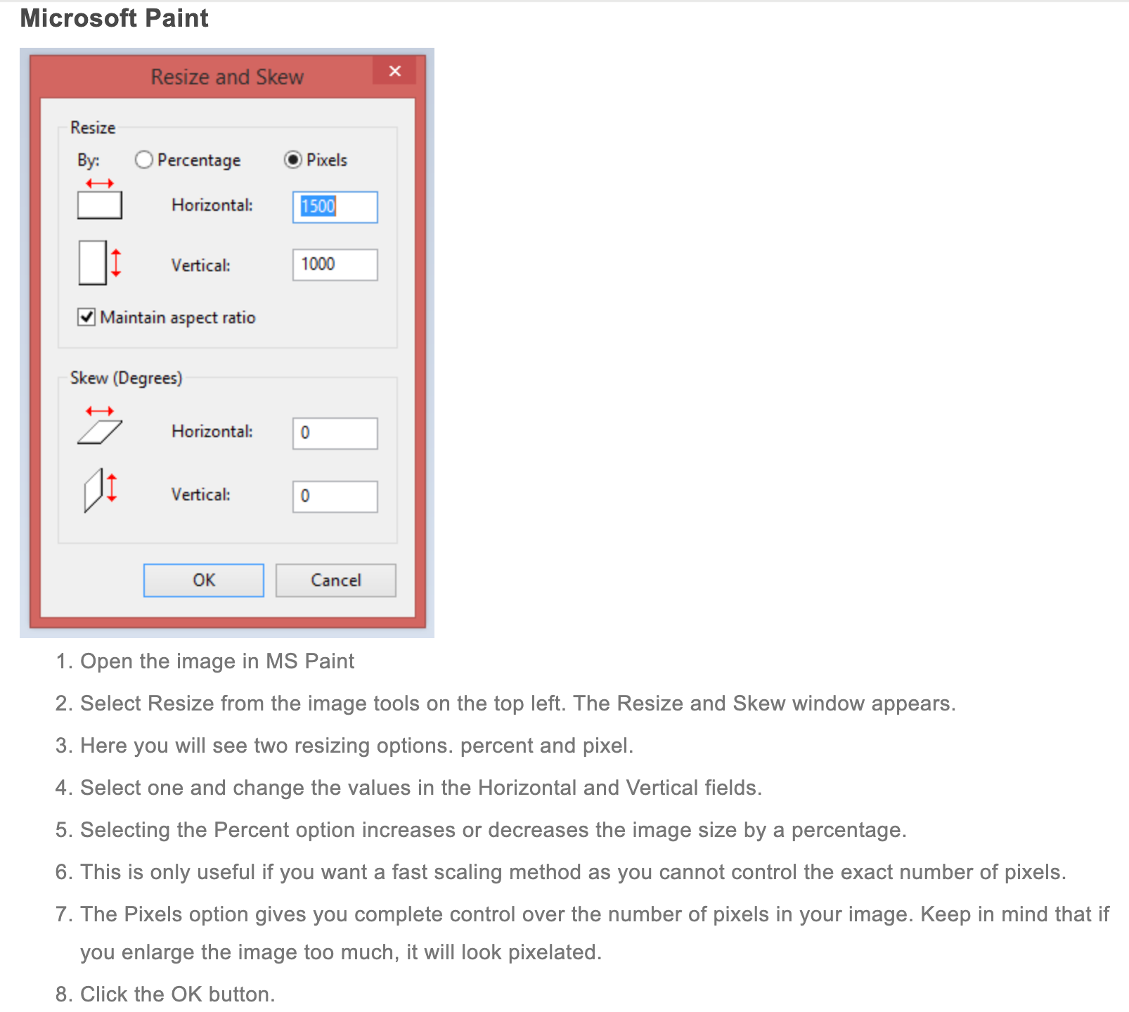 Microsoft Paint Resize and Skew dialog with instructions