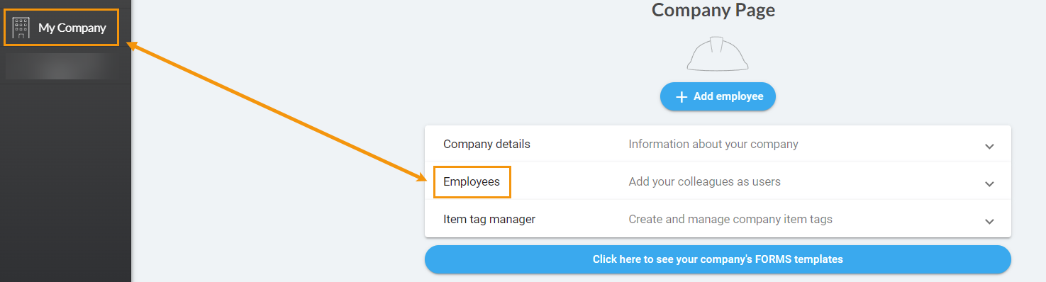 Company Page med Employees-sektion markerad i affärssystem