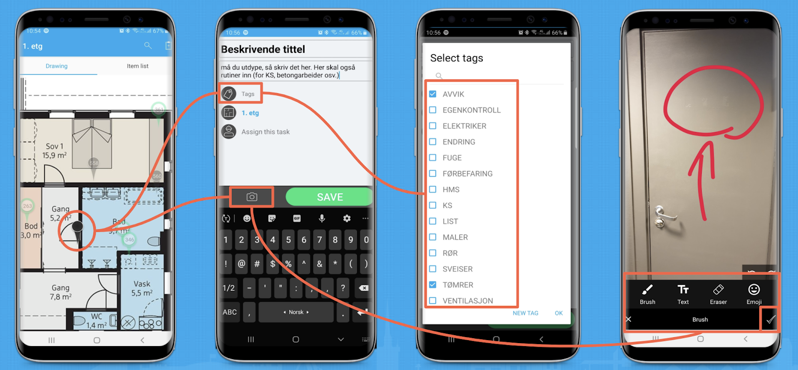 Mobilapp — oppgave oppretting med tags og bildemarkering