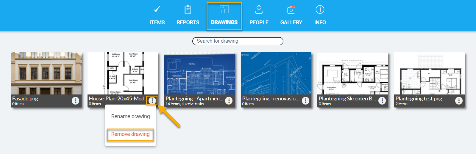 Drawings module — context menu with Remove drawing option