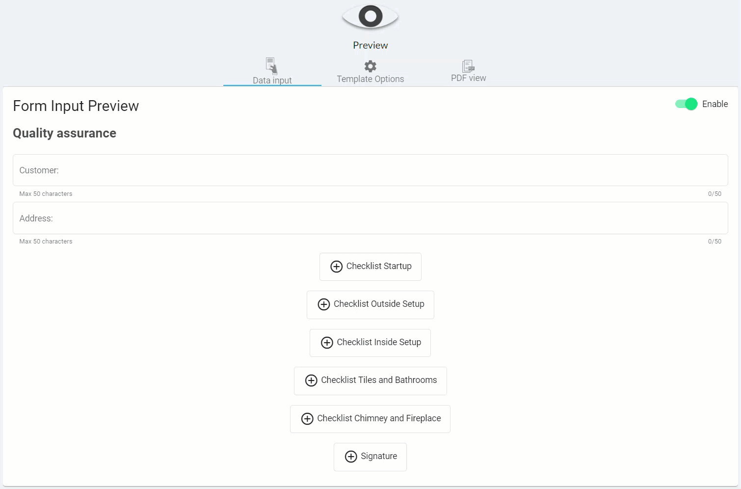 Form Input Preview — Quality Assurance template data input