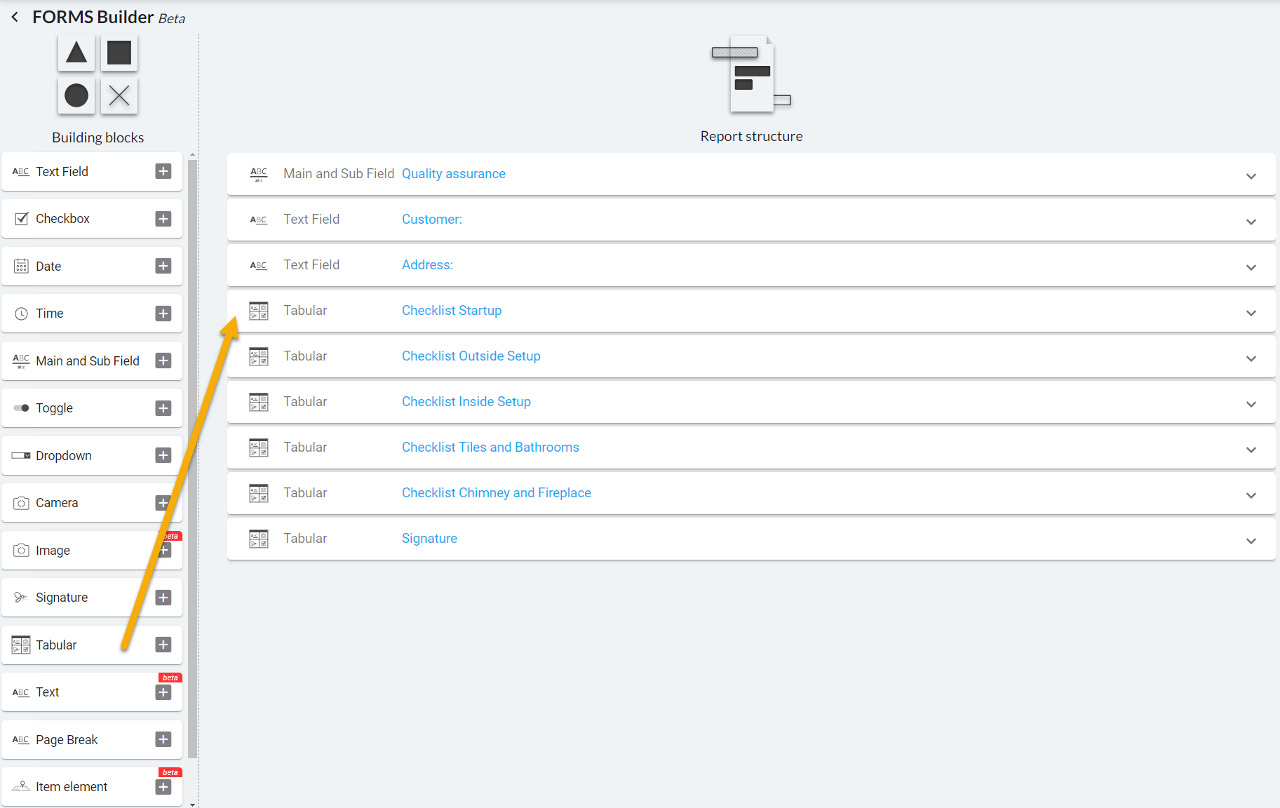 Forms Builder — report structure with building blocks panel