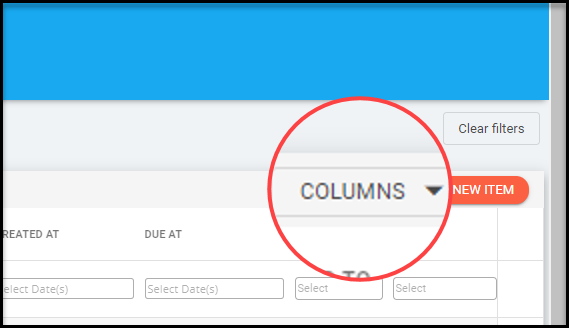 Listevisning — COLUMNS-knapp og NEW ITEM fremhevet
