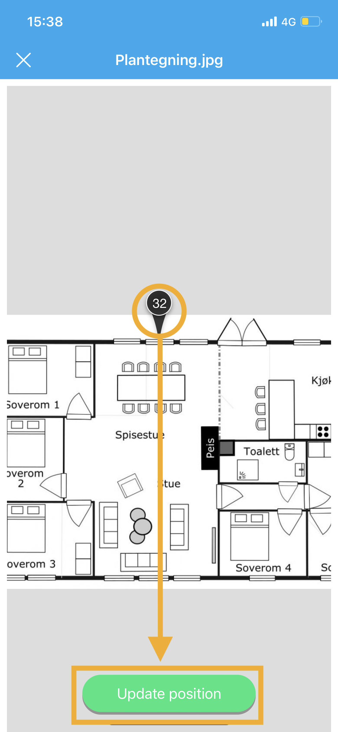 Plantegning med markør og knapp for posisjonsoppdatering