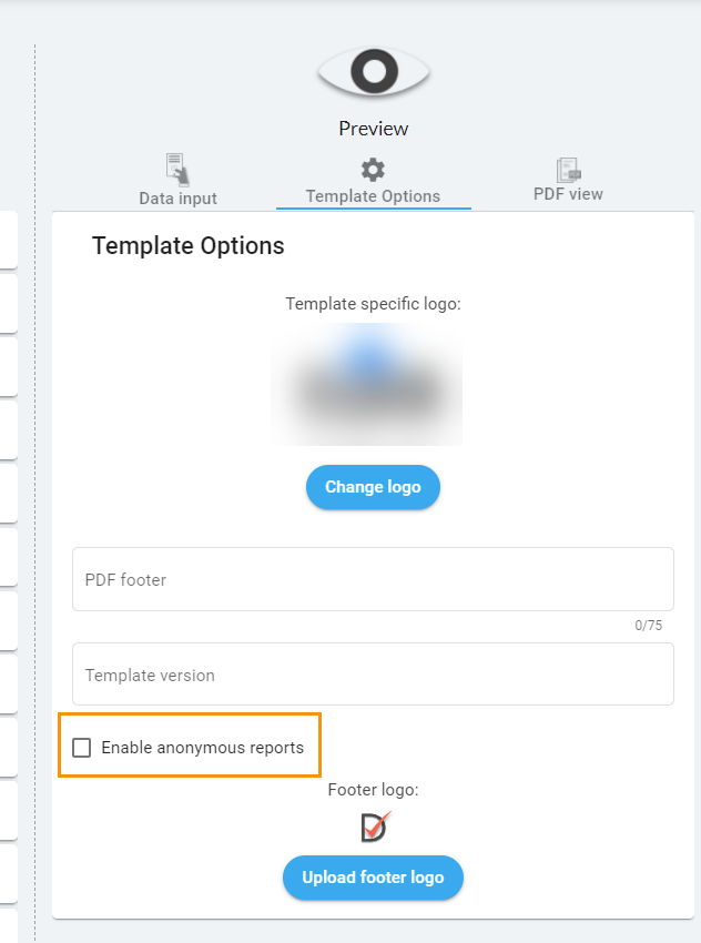 Template Options — inställningar för logo och anonyma rapporter