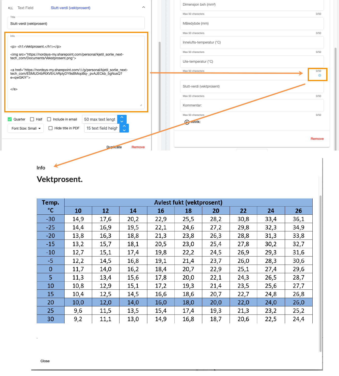 Skjemaredigering — tekstfelt med HTML-innhold og forhåndsvisning