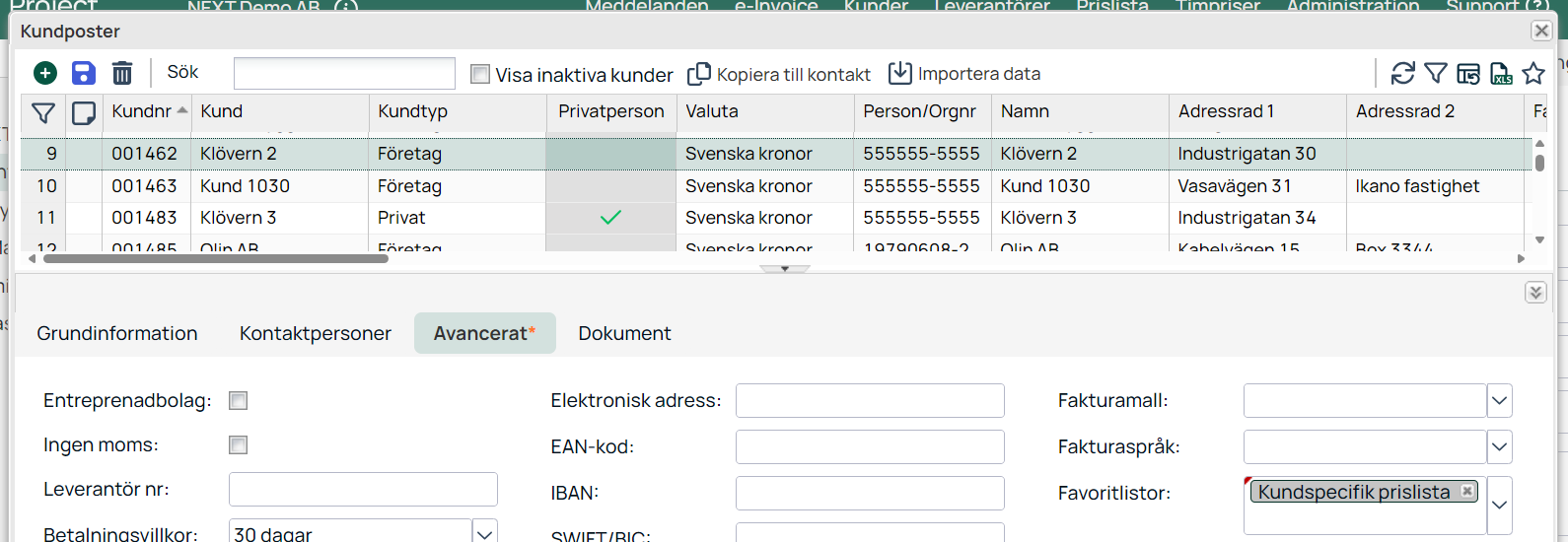 Kundposter — fliken Avancerat med faktура- och prislista-inställningar