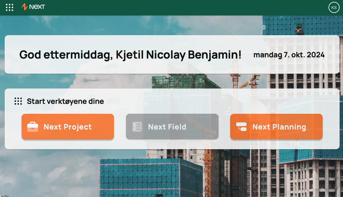 Next — Startside med verktøyvalg for prosjekt, felt og planlegging