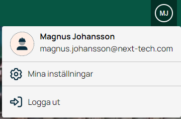 Användarmeny med inställningar och utloggning