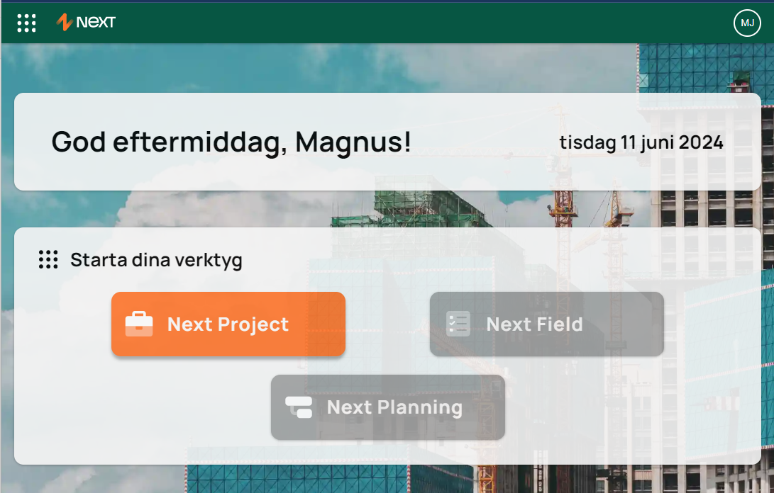 Next — startsida med verktygsval för projekt och planering