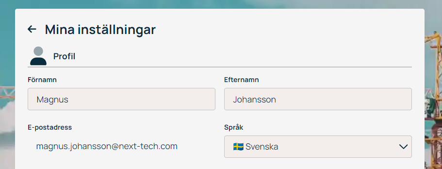 Mina inställningar — Profilsida med namn och språkval