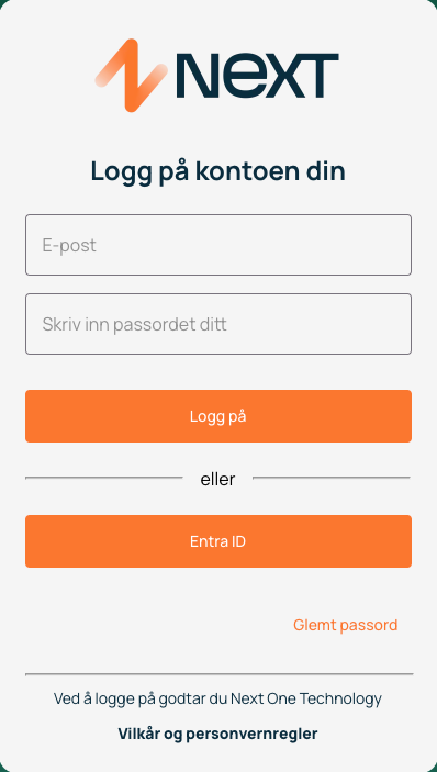Next — innloggingsside med e-post og passord