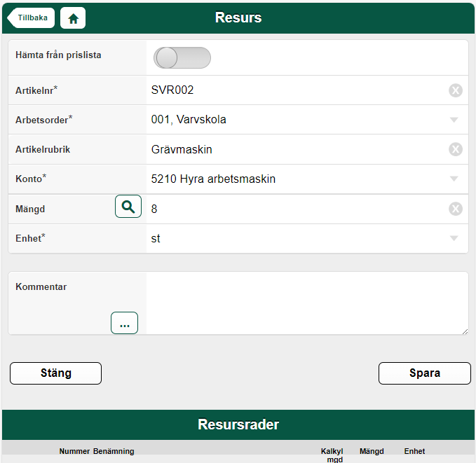 Resurs-dialog med artikelinformation och resursrader