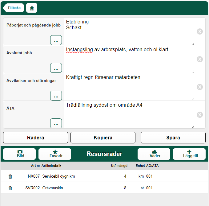 Dagrapport med resursrader och statusfält för jobb