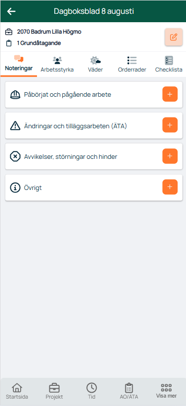 Dagboksblad — Noteringar-fanen med fire kategorier