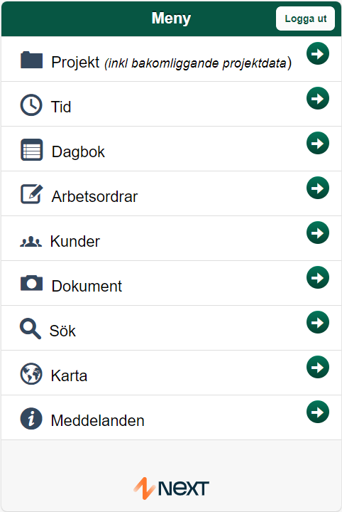 Huvudmeny i affärssystem med navigeringsalternativ