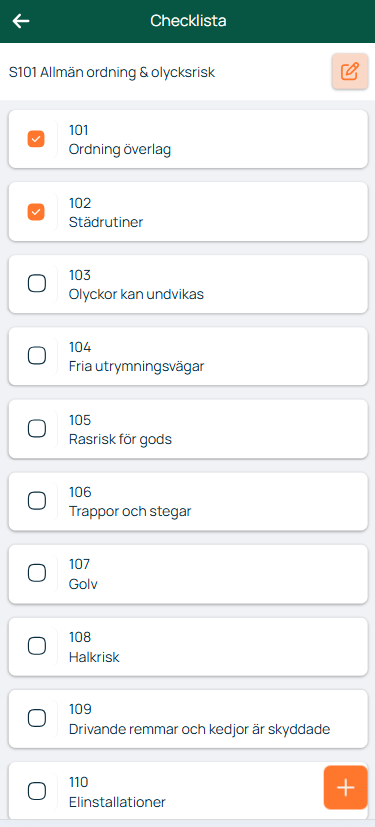 Sjekkliste — Allmän ordning & olycksrisk med avkryssingspunkter