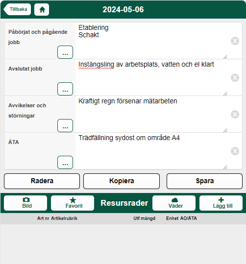Dagrapport med fält för jobb, avvikelser och ÄTA