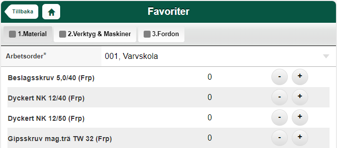 Favoriter — materiallista med arbetsorder och artiklar