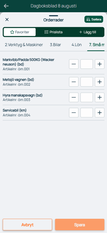 Dagboksblad — Orderrader med prislista og kategorifaner