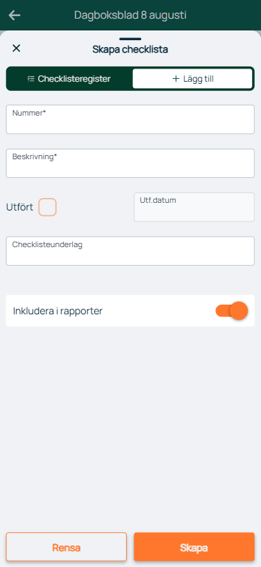 Skapa checklista — dialog med felt for nummer og beskrivning