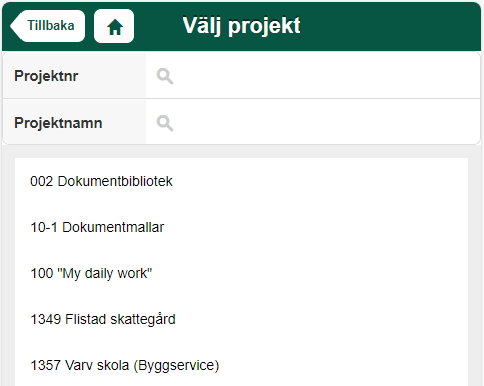 Välj projekt — lista med sökbara projekt i affärssystem