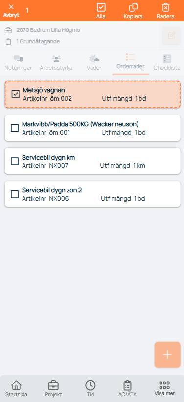 Orderrader — lista med artiklar och utförda mängder