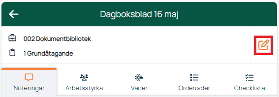 Dagboksblad-detaljer med faner for notering og ordre