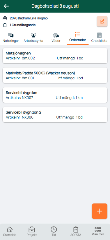 Dagboksblad orderrader — lista med artiklar och utförda mängder