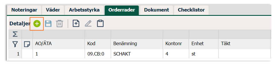 Orderrader-fanen med én rad og verktøylinje