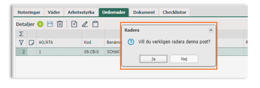 Orderrader — bekreftelsesdialog for sletting av post