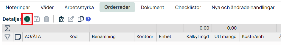 Orderrader-flik med verktygsfält och kolumnrubriker